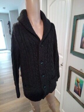 Botvela Men's Sz L Dark Gray Wool Blend Cable Knit Shawl Collar Cardigan Sweater